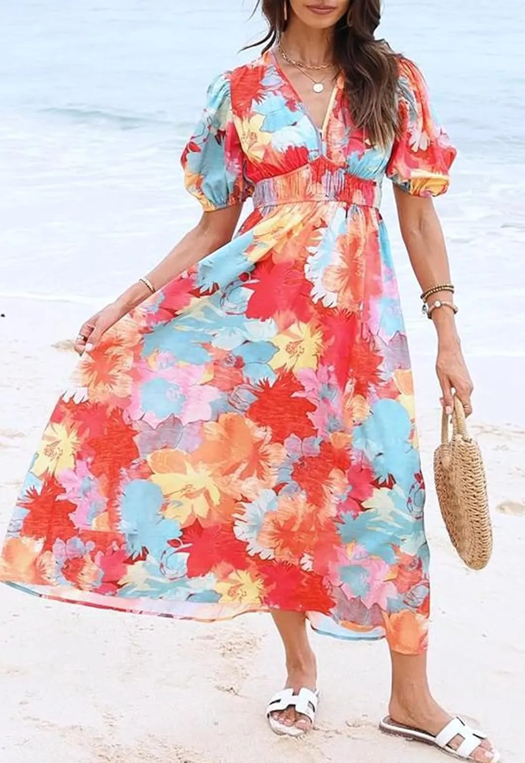 Sissyaki Women's Boho Floral Midi Dress Smocked Beach Flowy Dress