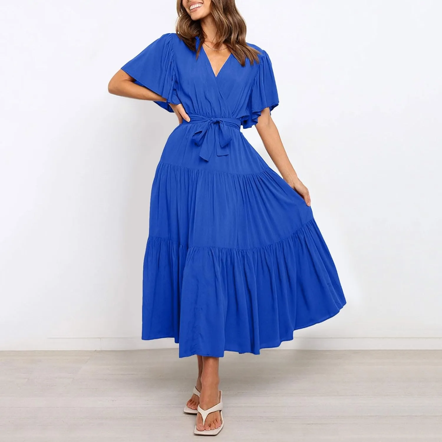 Summer Dress for Women Ruffle Short Sleeves V Neck Casual Flowy Dress with Belt Hawaiian Beach Maxi Dress 2025