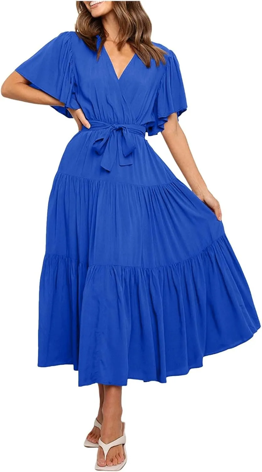 Summer Dress for Women Ruffle Short Sleeves V Neck Casual Flowy Dress with Belt Hawaiian Beach Maxi Dress 2025