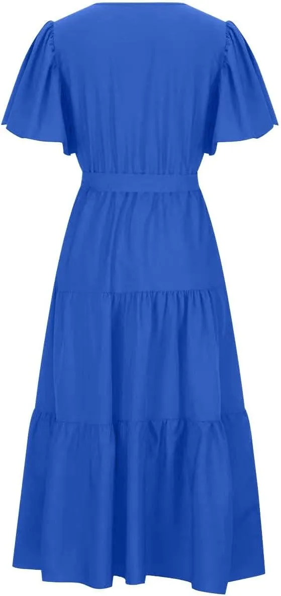 Summer Dress for Women Ruffle Short Sleeves V Neck Casual Flowy Dress with Belt Hawaiian Beach Maxi Dress 2025