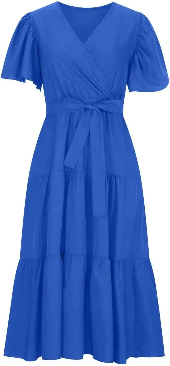 Summer Dress for Women Ruffle Short Sleeves V Neck Casual Flowy Dress with Belt Hawaiian Beach Maxi Dress 2025