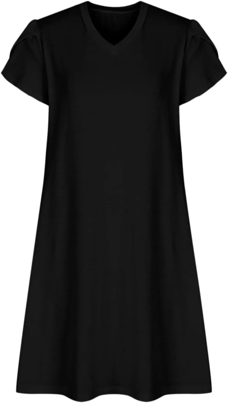 Summer Dresses for Women 2025 Short Sleeve V Neck Midi Dress Boho Beach Sundress Solid Color Casual Dress