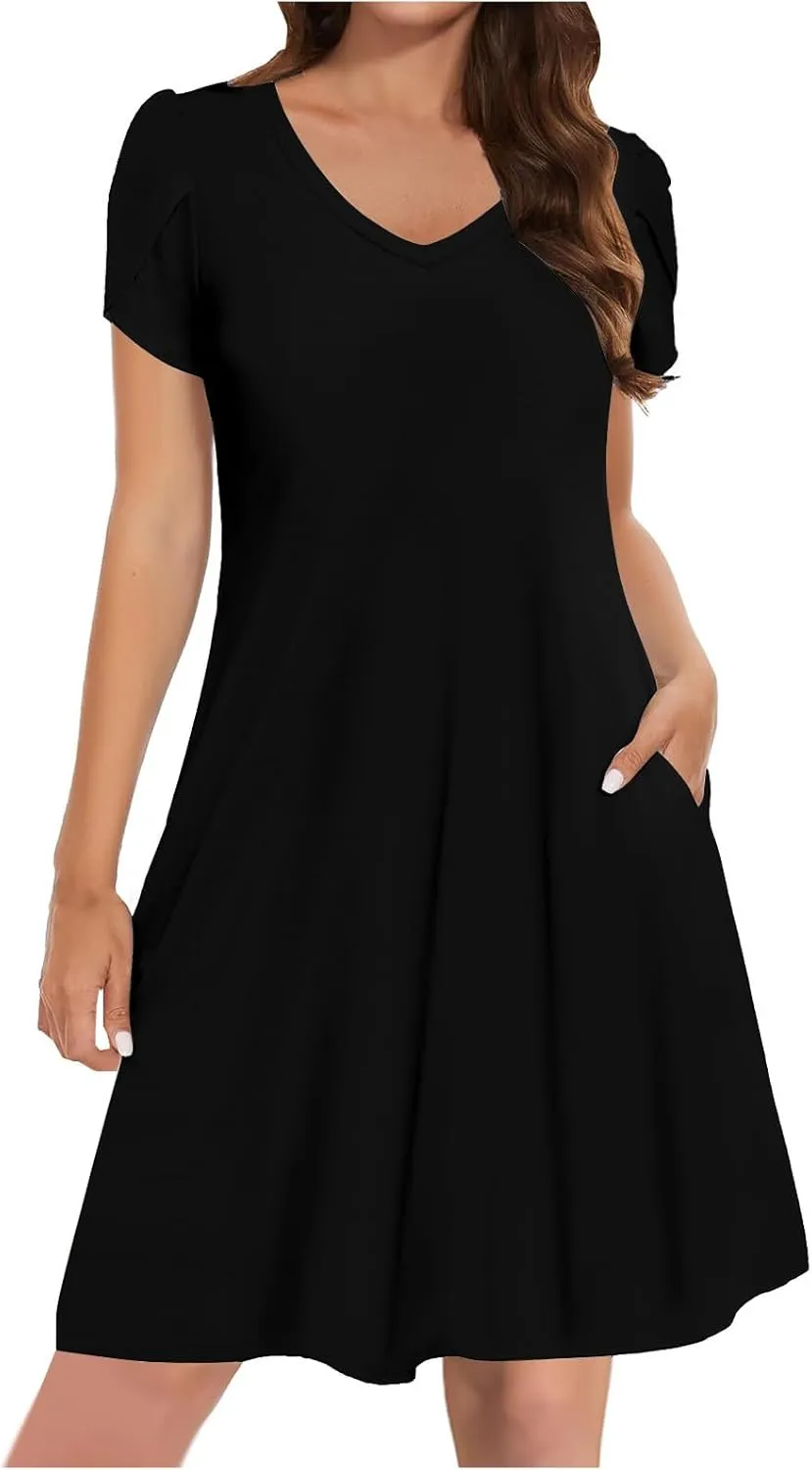 Summer Dresses for Women 2025 Short Sleeve V Neck Midi Dress Boho Beach Sundress Solid Color Casual Dress