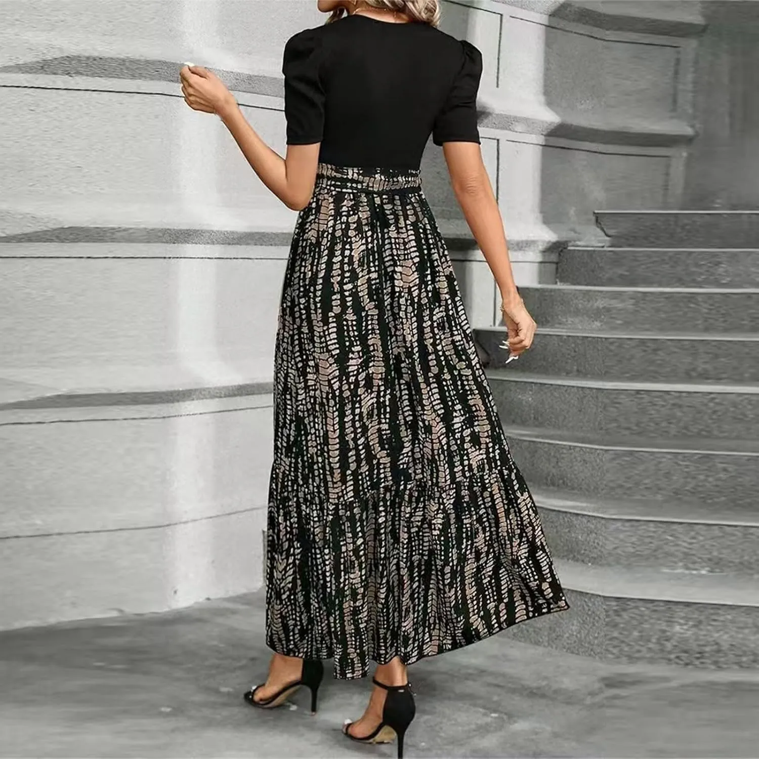 Summer Dresses for Women Casual Elegant Dress with Belt A-Line Floral Printrd Long Dress Flowy High Waist Maxi Dress