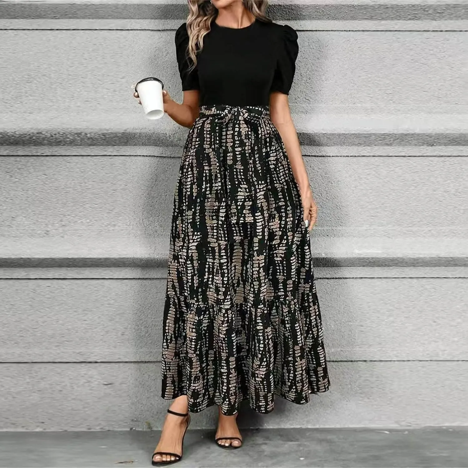 Summer Dresses for Women Casual Elegant Dress with Belt A-Line Floral Printrd Long Dress Flowy High Waist Maxi Dress