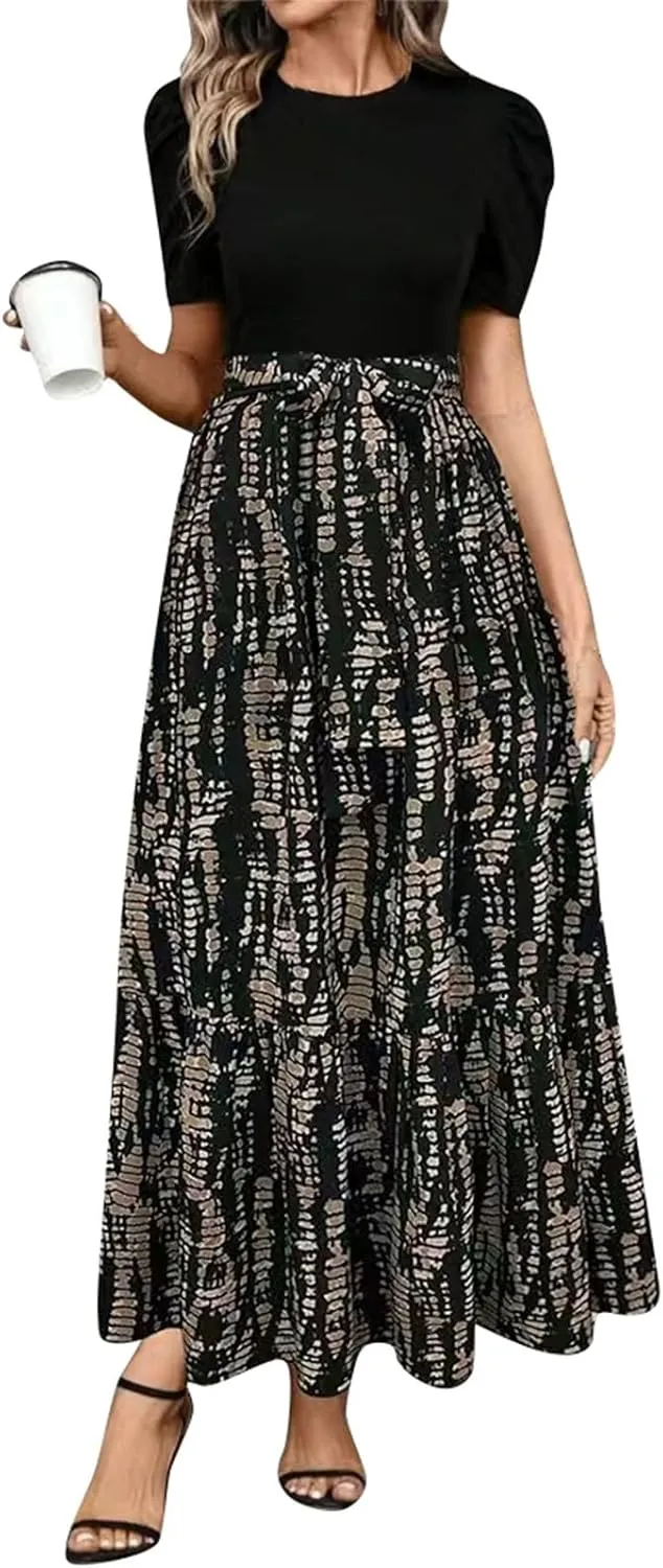 Summer Dresses for Women Casual Elegant Dress with Belt A-Line Floral Printrd Long Dress Flowy High Waist Maxi Dress