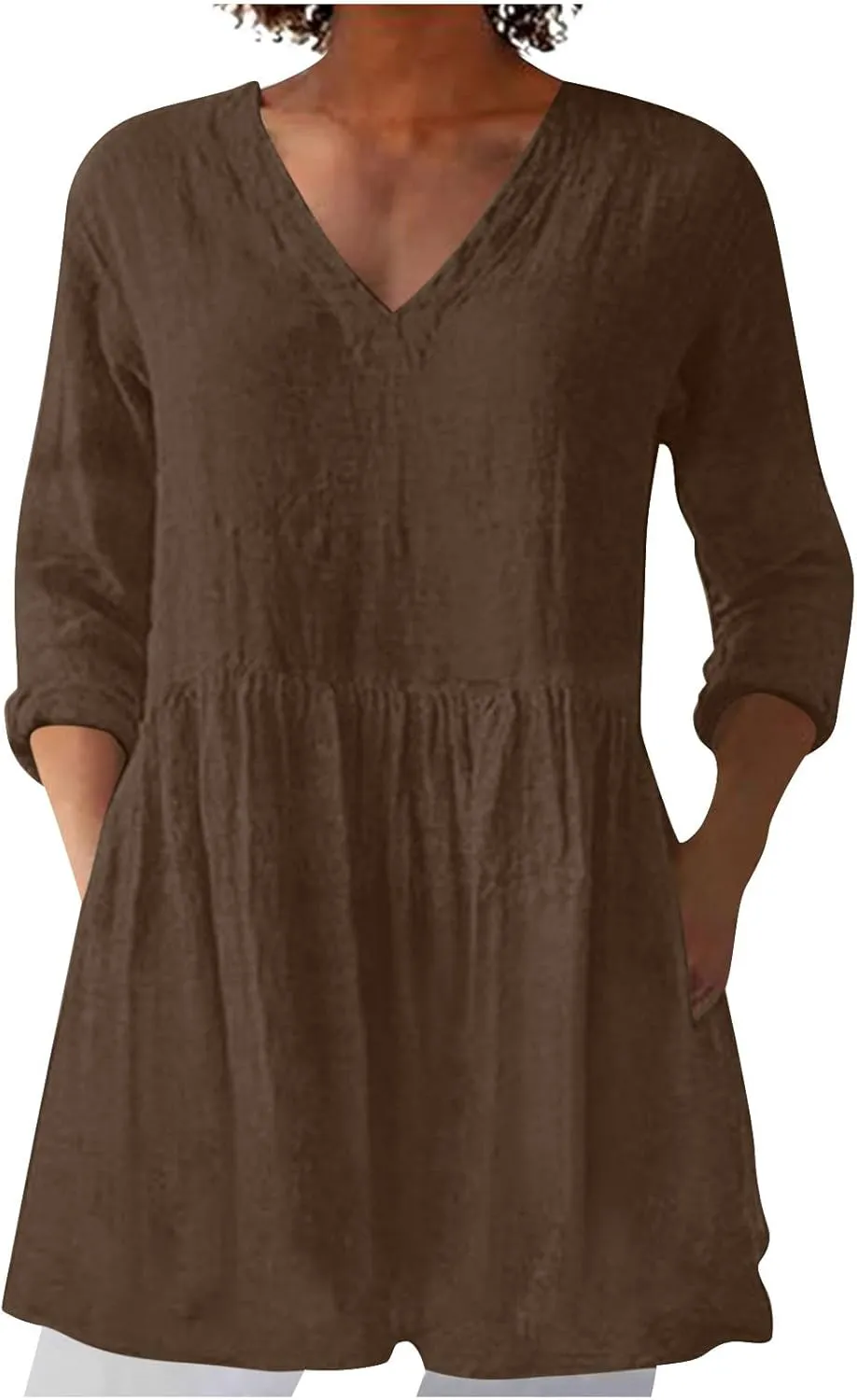 Summer Tops for Women Cotton Linen Shirts Blouse Solid Casual V-Neck 3/4 Sleeve T Shirt Tunics Wear with Leggings