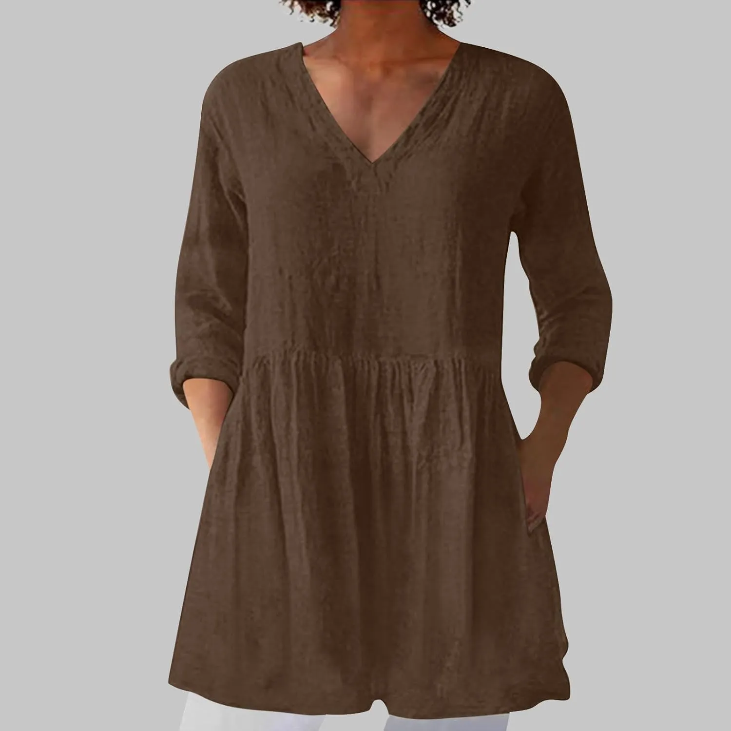 Summer Tops for Women Cotton Linen Shirts Blouse Solid Casual V-Neck 3/4 Sleeve T Shirt Tunics Wear with Leggings
