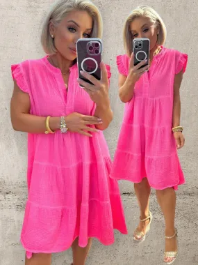 SUNSET BURST COTTON DRESS - FLUO PINK