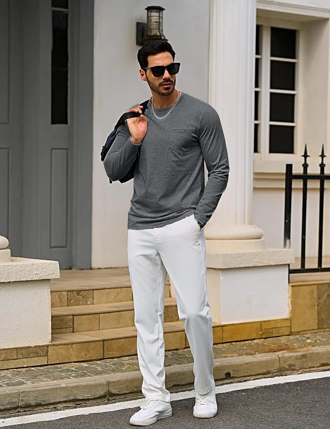 TACVASEN Men's Long Sleeve Pocket Tee Shirts Lightweight Breathable Cotton Crew Neck Casual Work Shirts for Summer