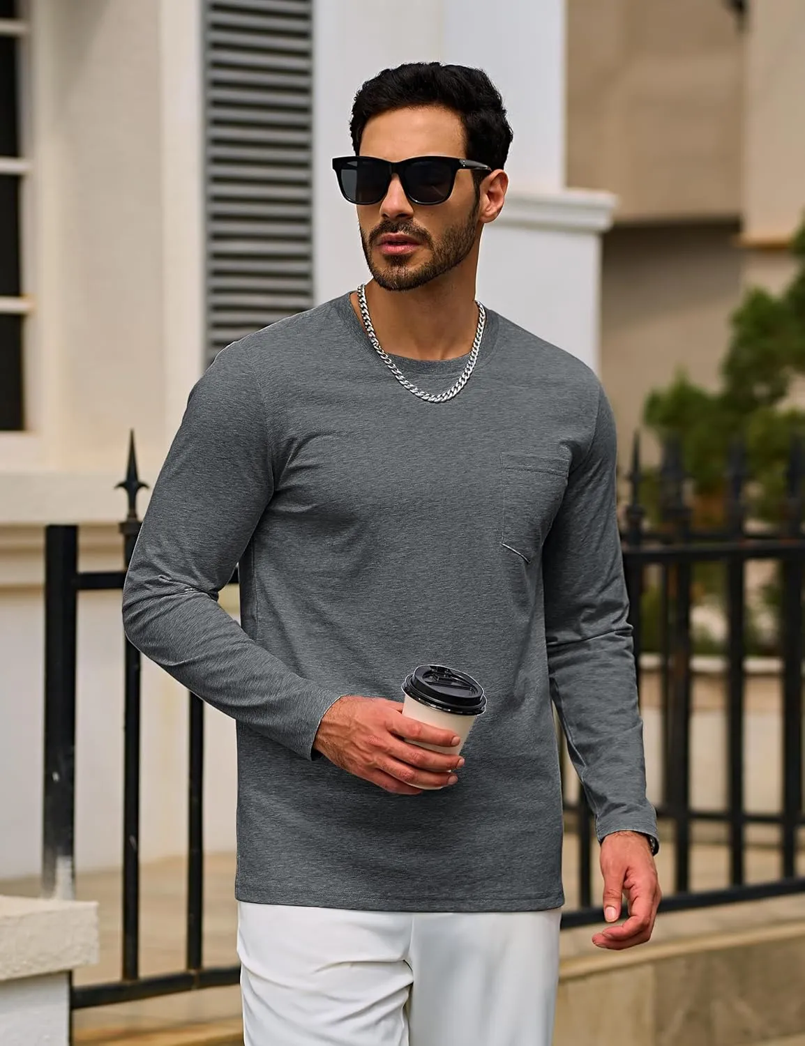 TACVASEN Men's Long Sleeve Pocket Tee Shirts Lightweight Breathable Cotton Crew Neck Casual Work Shirts for Summer