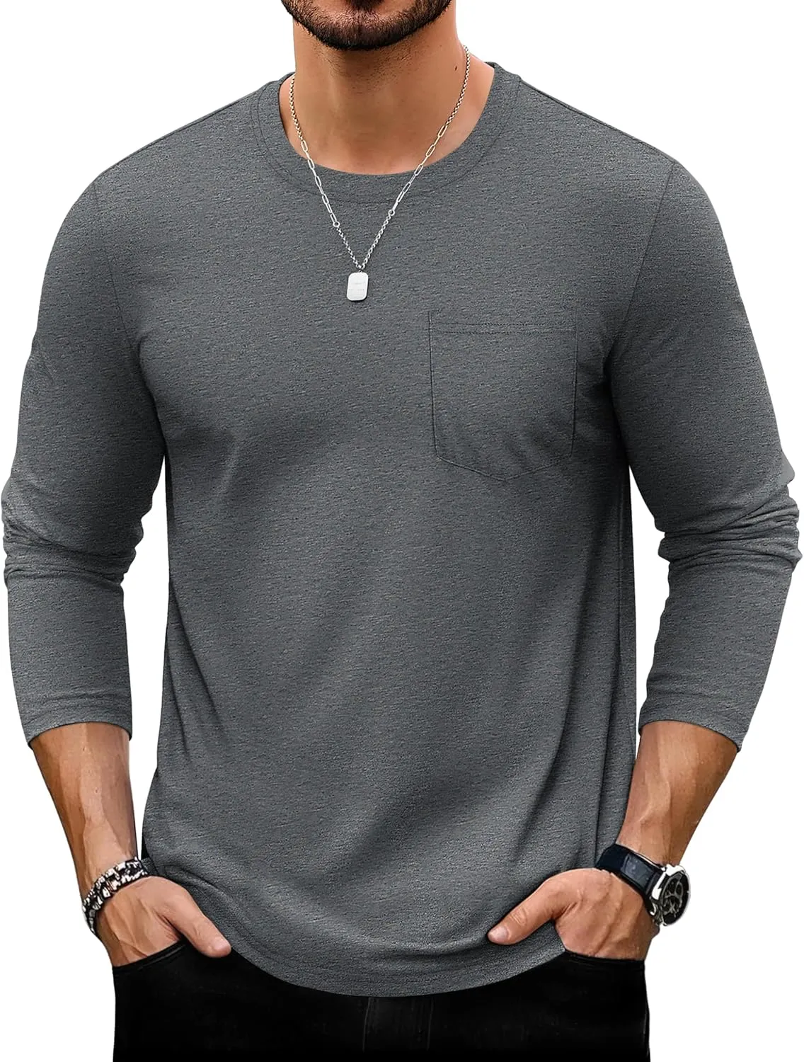 TACVASEN Men's Long Sleeve Pocket Tee Shirts Lightweight Breathable Cotton Crew Neck Casual Work Shirts for Summer