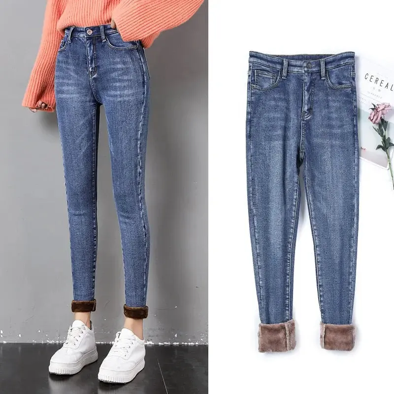 TIKTOK High Waist Stretchy Thick Fleece Denim Jeans
