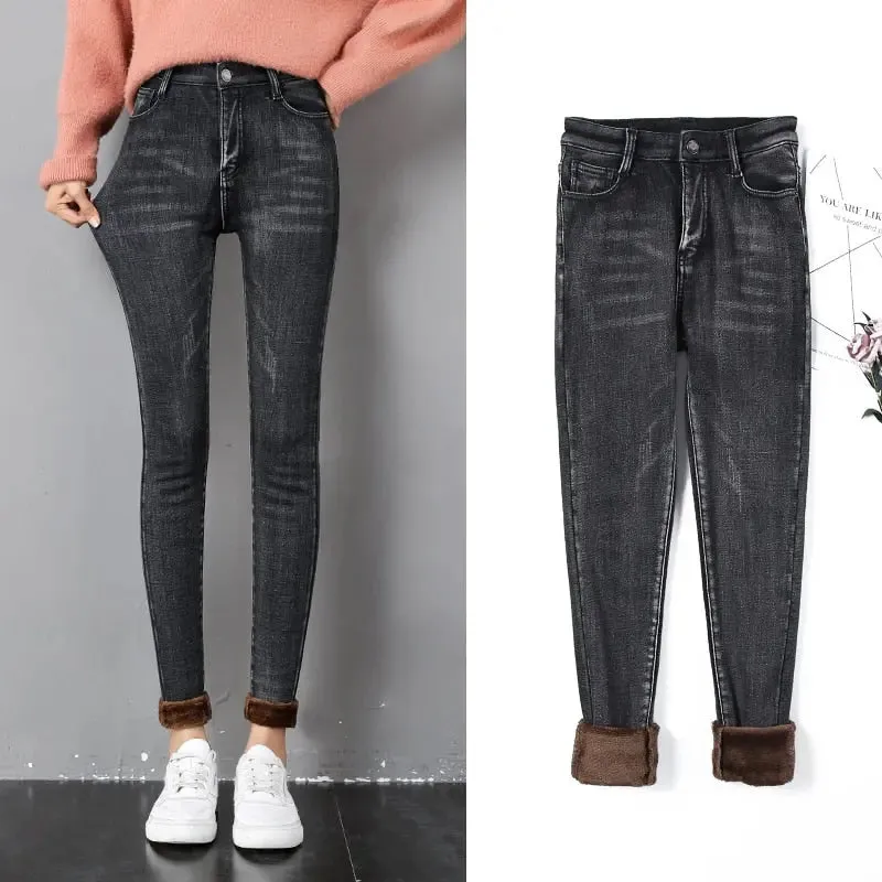 TIKTOK High Waist Stretchy Thick Fleece Denim Jeans