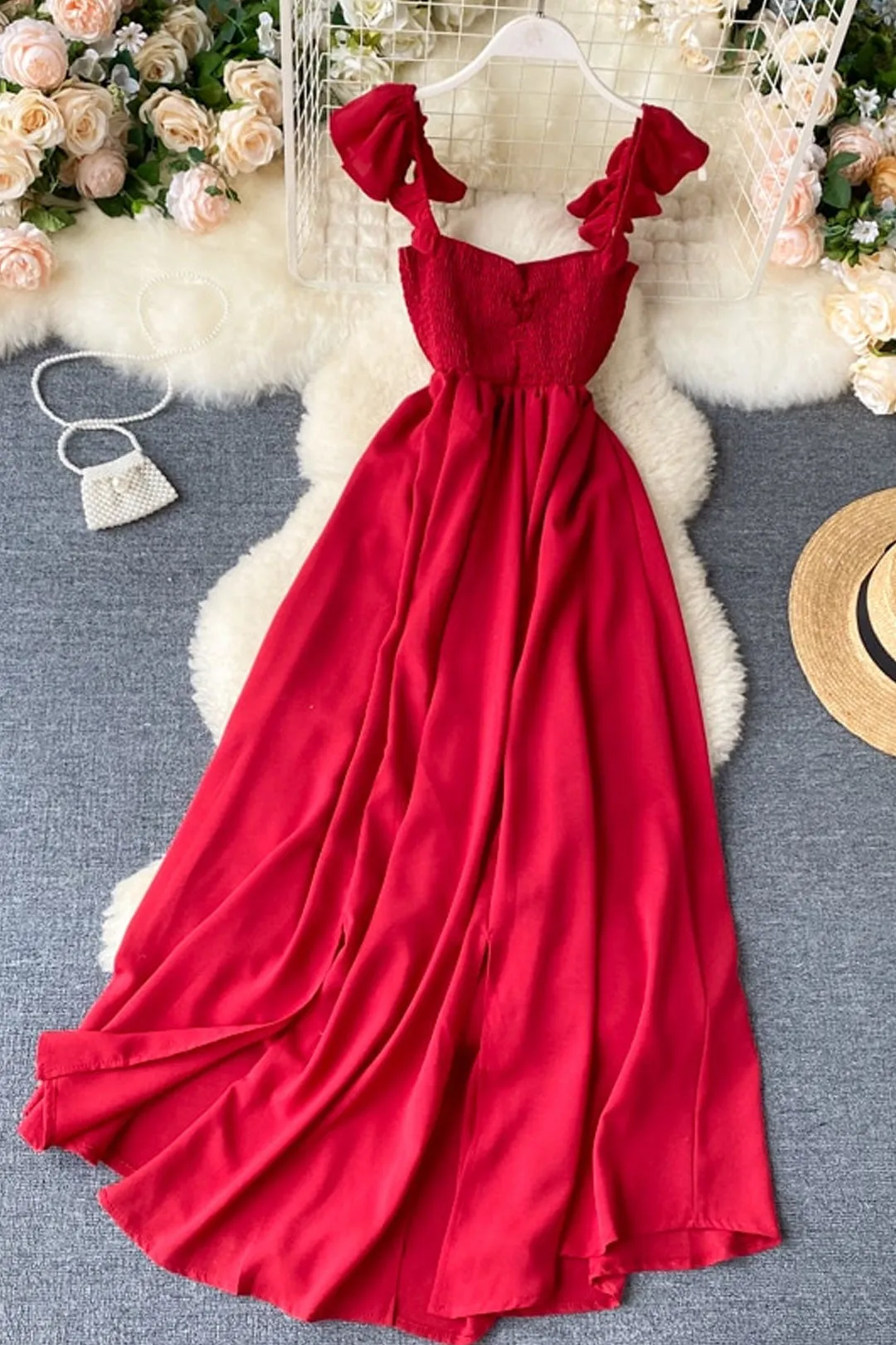 Vintage Dress, Boho Midi Dress, Dress, Strappy Smocked Dress, Carmen in Red, Green and Navy