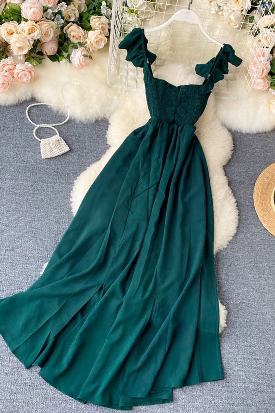 Vintage Dress, Boho Midi Dress, Dress, Strappy Smocked Dress, Carmen in Red, Green and Navy