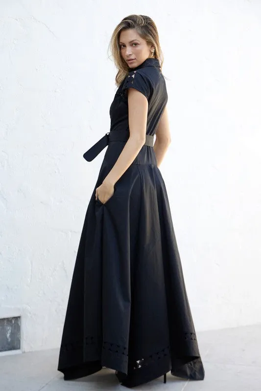 Waitlist 4/23 ♥ Noelle Short Sleeve Belted Lace Insert Maxi Dress Black