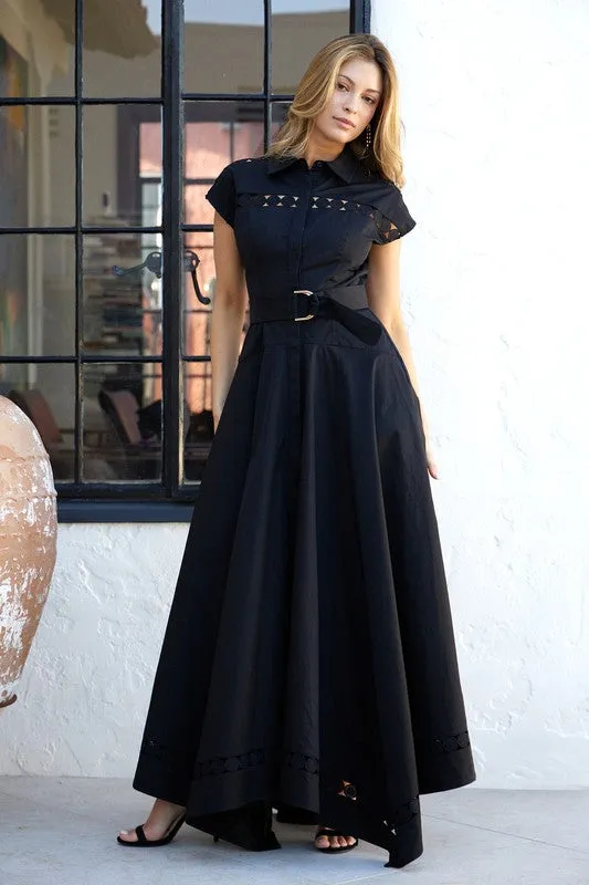 Waitlist 4/23 ♥ Noelle Short Sleeve Belted Lace Insert Maxi Dress Black