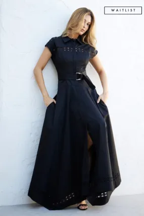 Waitlist 4/23 ♥ Noelle Short Sleeve Belted Lace Insert Maxi Dress Black