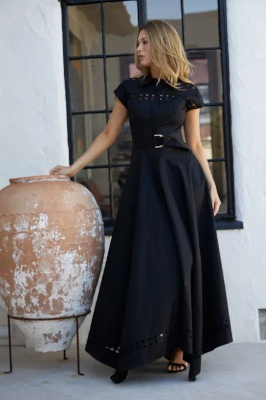 Waitlist 4/23 ♥ Noelle Short Sleeve Belted Lace Insert Maxi Dress Black