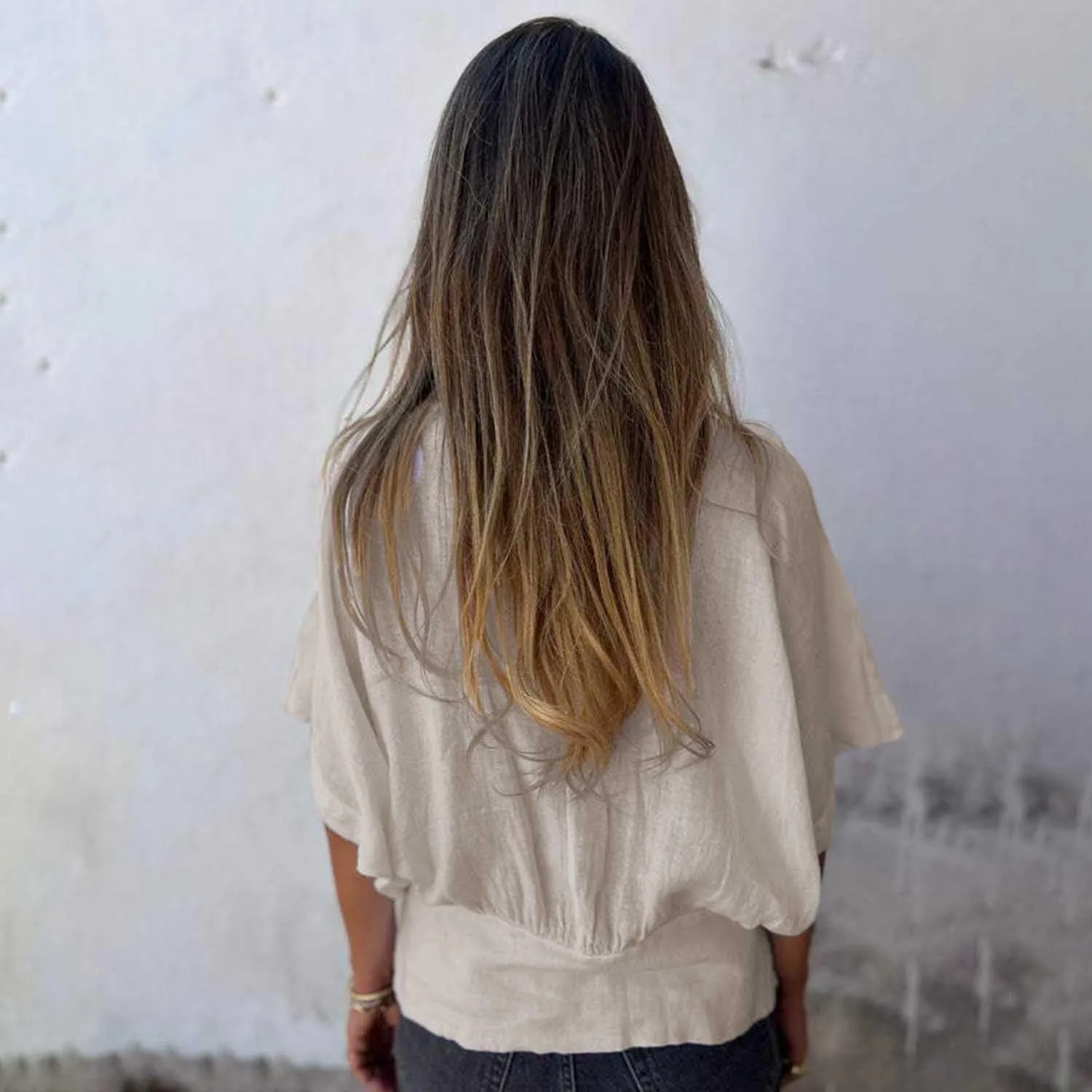 Women Solid Color Deep V-Neck Cotton and Linen T-Shirt Short Sleeve Loose Basic Tops Pleated Blouse S~2XL