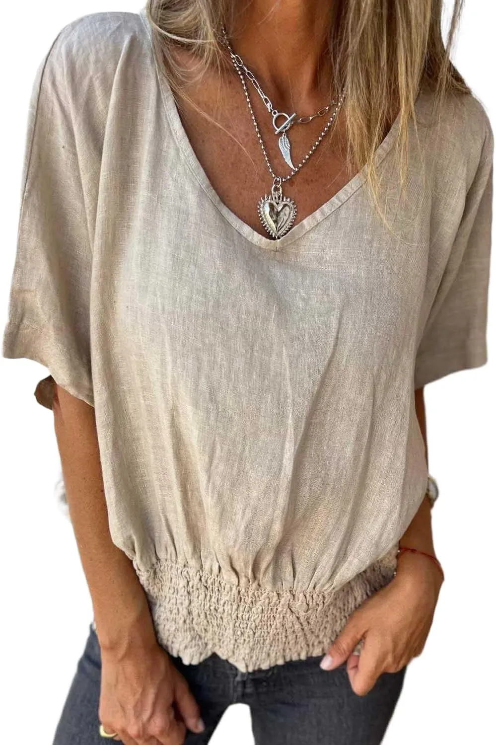 Women Solid Color Deep V-Neck Cotton and Linen T-Shirt Short Sleeve Loose Basic Tops Pleated Blouse S~2XL