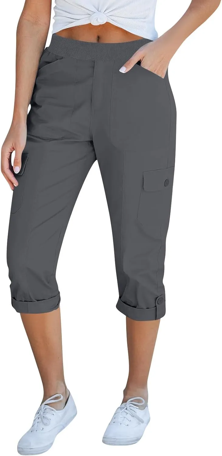 Women Stretch Twill Capri Pants High Waist Baggy Straight Leg Chino Capris Multi Pockets Outdoor Hiking Cropped Pants