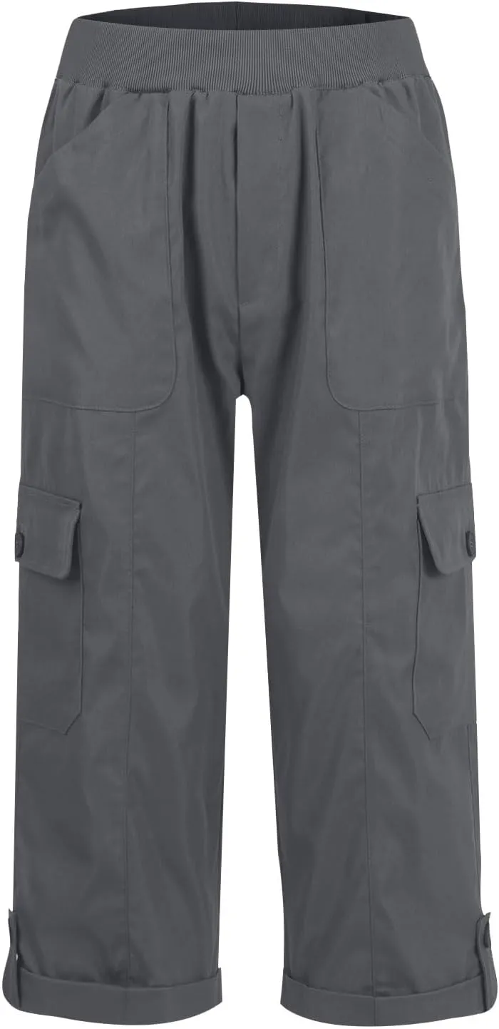 Women Stretch Twill Capri Pants High Waist Baggy Straight Leg Chino Capris Multi Pockets Outdoor Hiking Cropped Pants