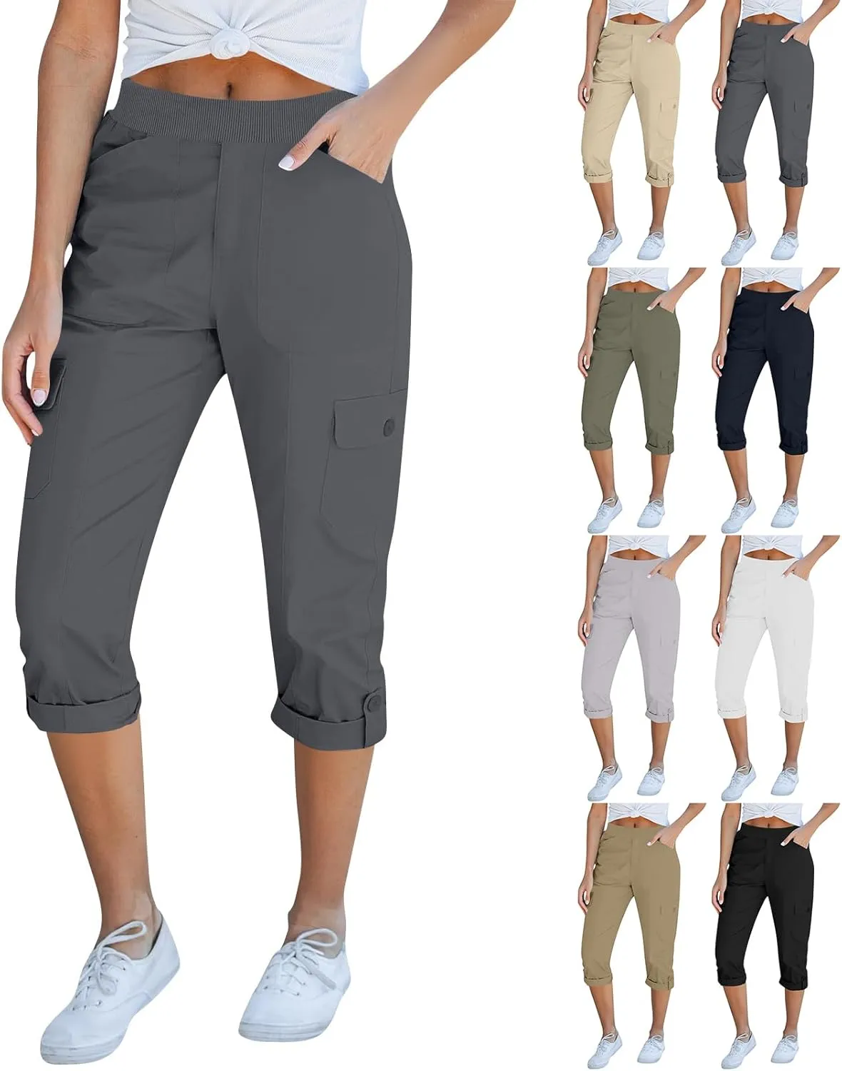 Women Stretch Twill Capri Pants High Waist Baggy Straight Leg Chino Capris Multi Pockets Outdoor Hiking Cropped Pants