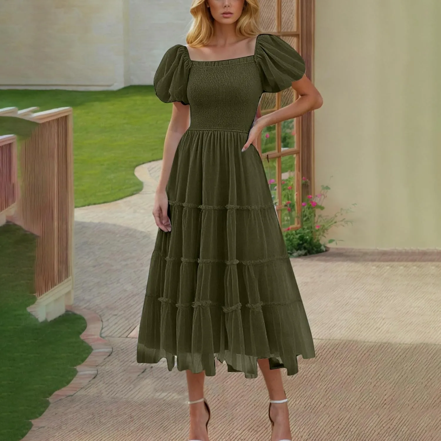 Women's 2025 Summer Casual Boho Dress Waist Slimming Flowy Ruffle Lightweight Skirt Beach Maxi Dresses Spring Dress