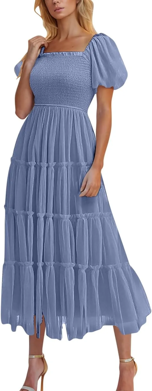 Women's 2025 Summer Casual Boho Dress Waist Slimming Flowy Ruffle Lightweight Skirt Beach Maxi Dresses Spring Dress