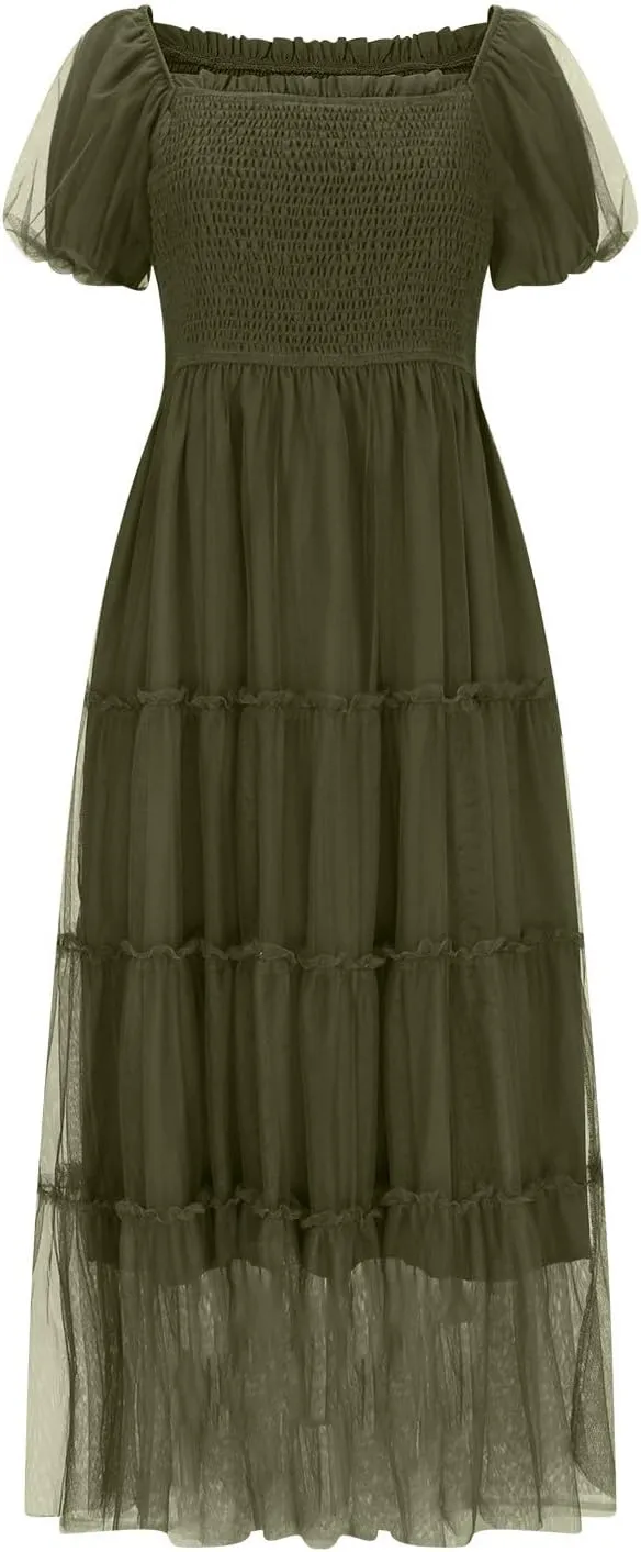 Women's 2025 Summer Casual Boho Dress Waist Slimming Flowy Ruffle Lightweight Skirt Beach Maxi Dresses Spring Dress