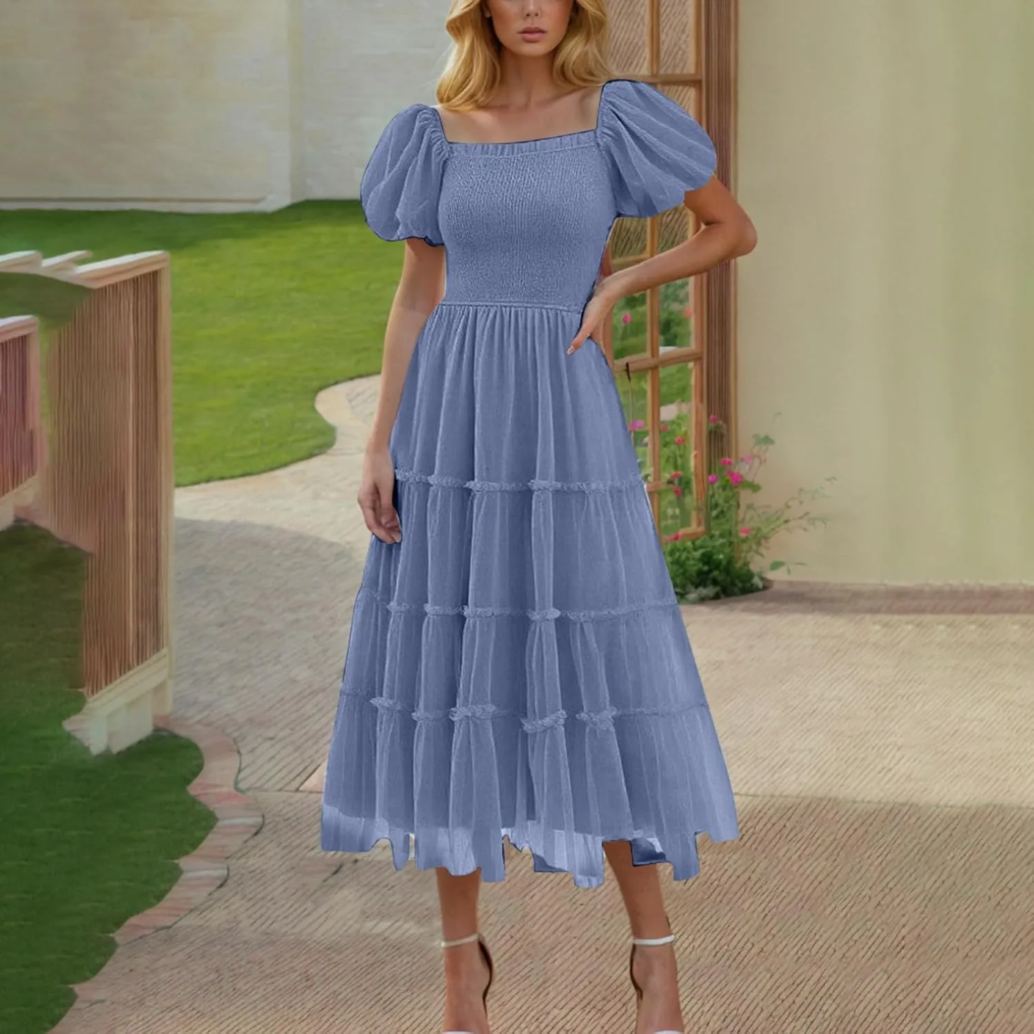 Women's 2025 Summer Casual Boho Dress Waist Slimming Flowy Ruffle Lightweight Skirt Beach Maxi Dresses Spring Dress