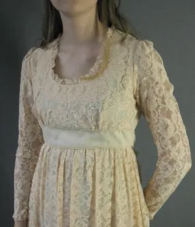 Women's 70s Dress Bridgerton Long Maxi Empire Waist Vintage Lace Boho Extra Small to Small Candi Jones VFG