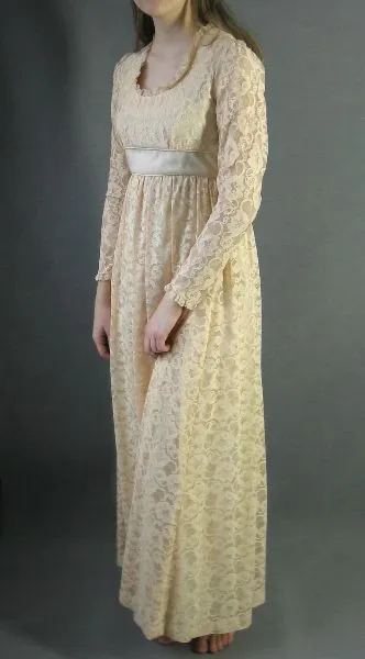 Women's 70s Dress Bridgerton Long Maxi Empire Waist Vintage Lace Boho Extra Small to Small Candi Jones VFG