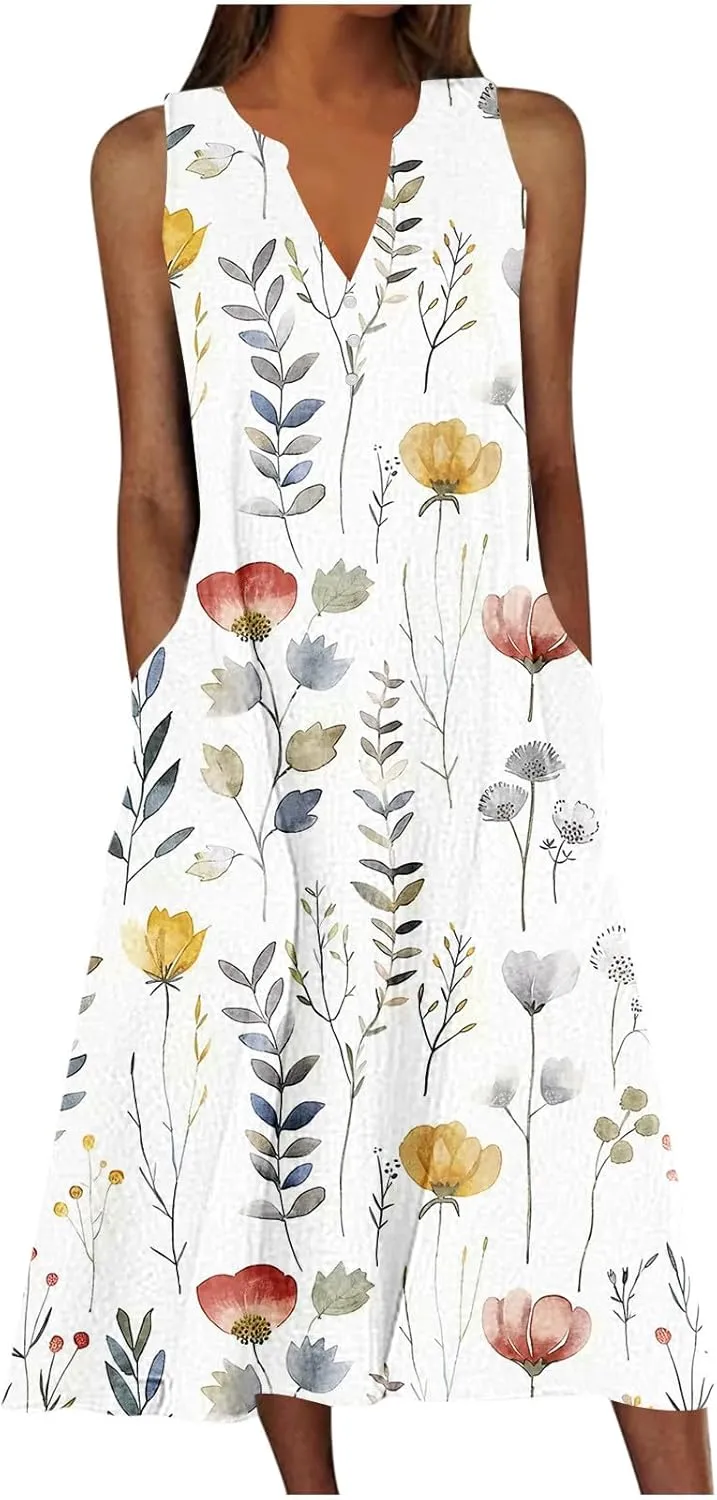 Womens Boho Floral Elegant V Dress Beach Wedding Guest Sundresses Comfortable Soft Dress Long Flowy Trendy Dresses