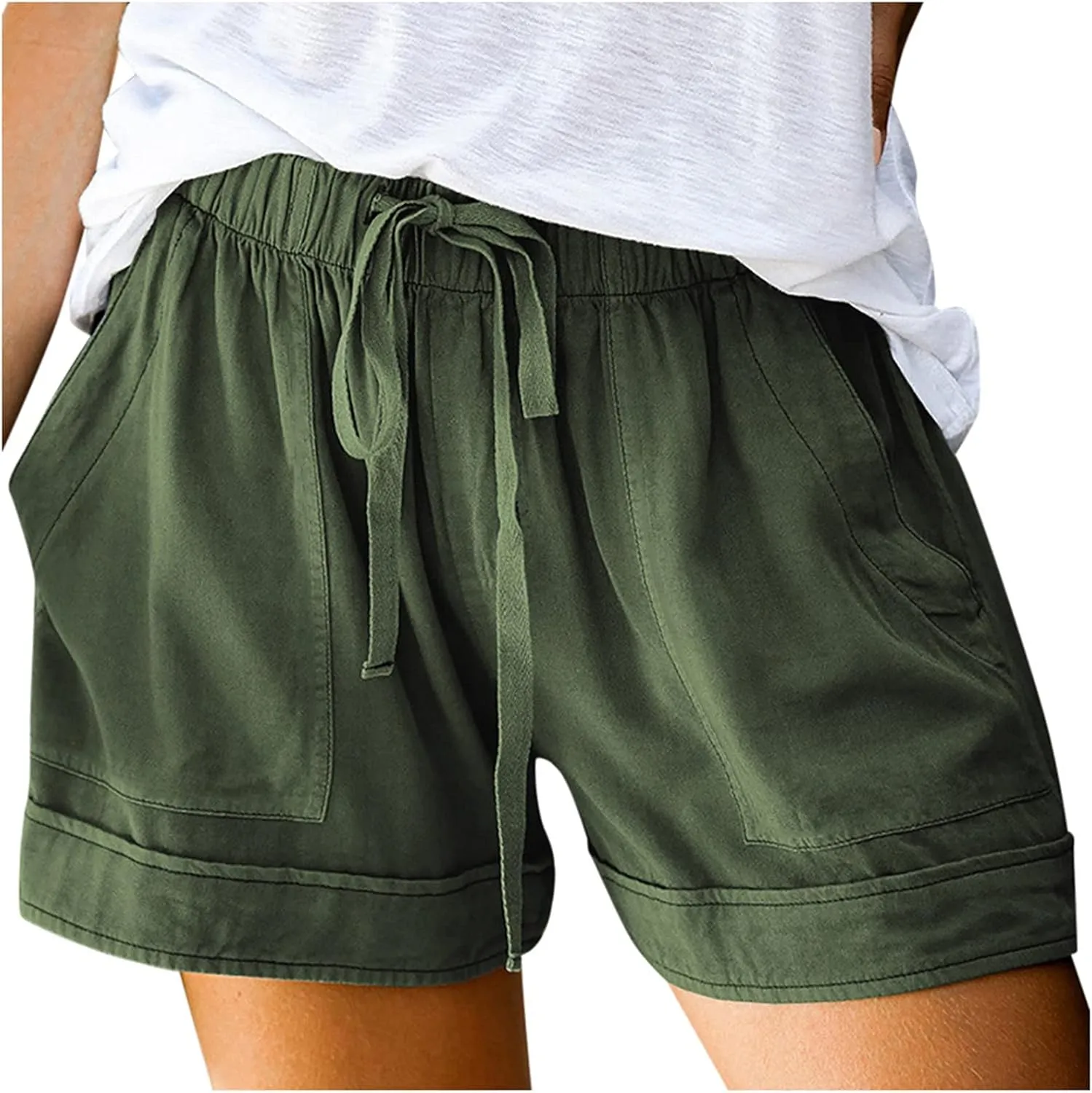 Women's Cotton Linen Shorts Elastic Waist Drawstring Casual Comfy Shorts Summer Lightweight Beach Shorts with Pockets