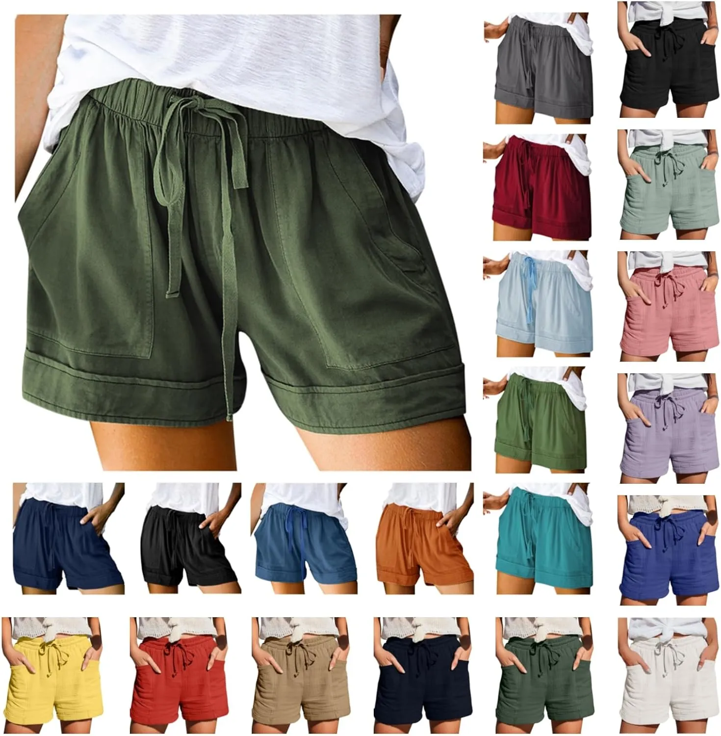 Women's Cotton Linen Shorts Elastic Waist Drawstring Casual Comfy Shorts Summer Lightweight Beach Shorts with Pockets