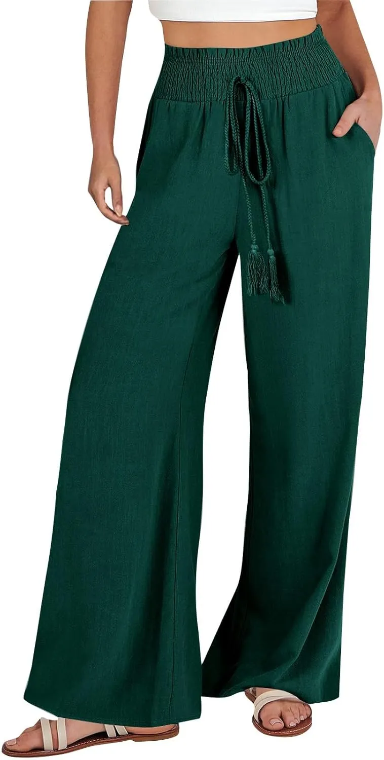 Women's Drawstring Linen Palazzo Pants Summer High Waist Wide Leg Beach Trousers Trendy Lounge Pant with Pockets