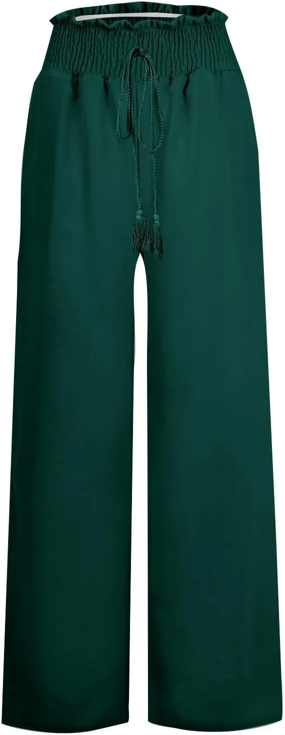 Women's Drawstring Linen Palazzo Pants Summer High Waist Wide Leg Beach Trousers Trendy Lounge Pant with Pockets