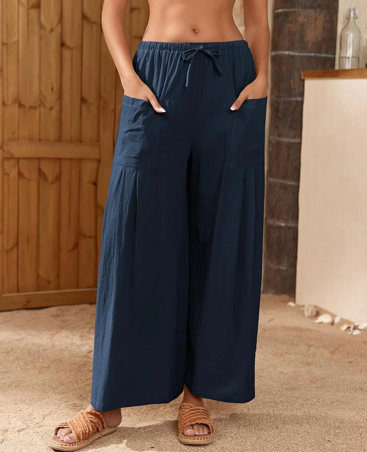 Women’s Linen Pants 2025 Summer Casual Wide Leg Palazzo Pants High Waist Loose Flowy Boho Trousers