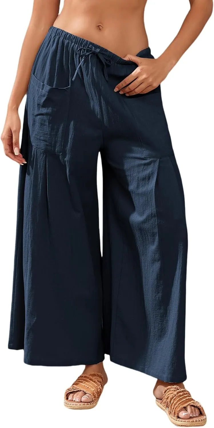 Women’s Linen Pants 2025 Summer Casual Wide Leg Palazzo Pants High Waist Loose Flowy Boho Trousers