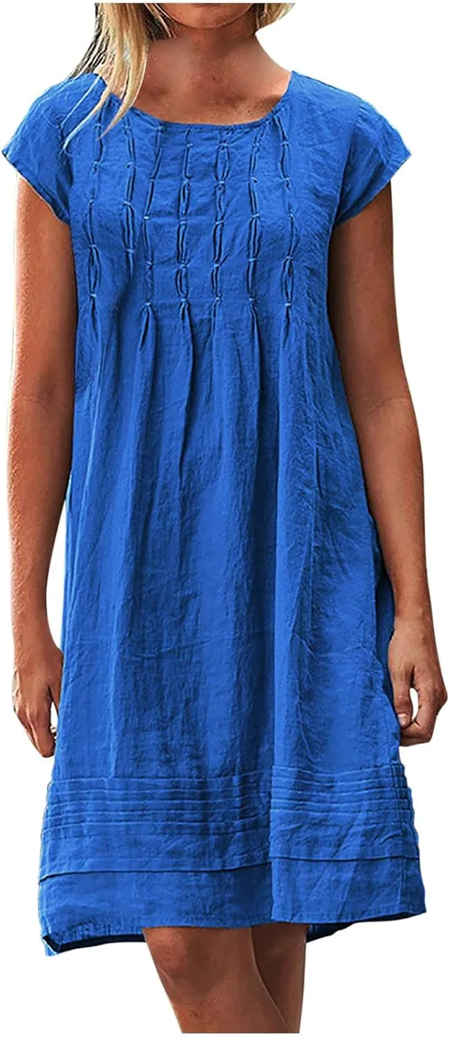 Womens Shirt Dress 2024 Cotton Linen Short Sleeve Crewneck Mini Dress Ruffle Slim Casual Summer Dress
