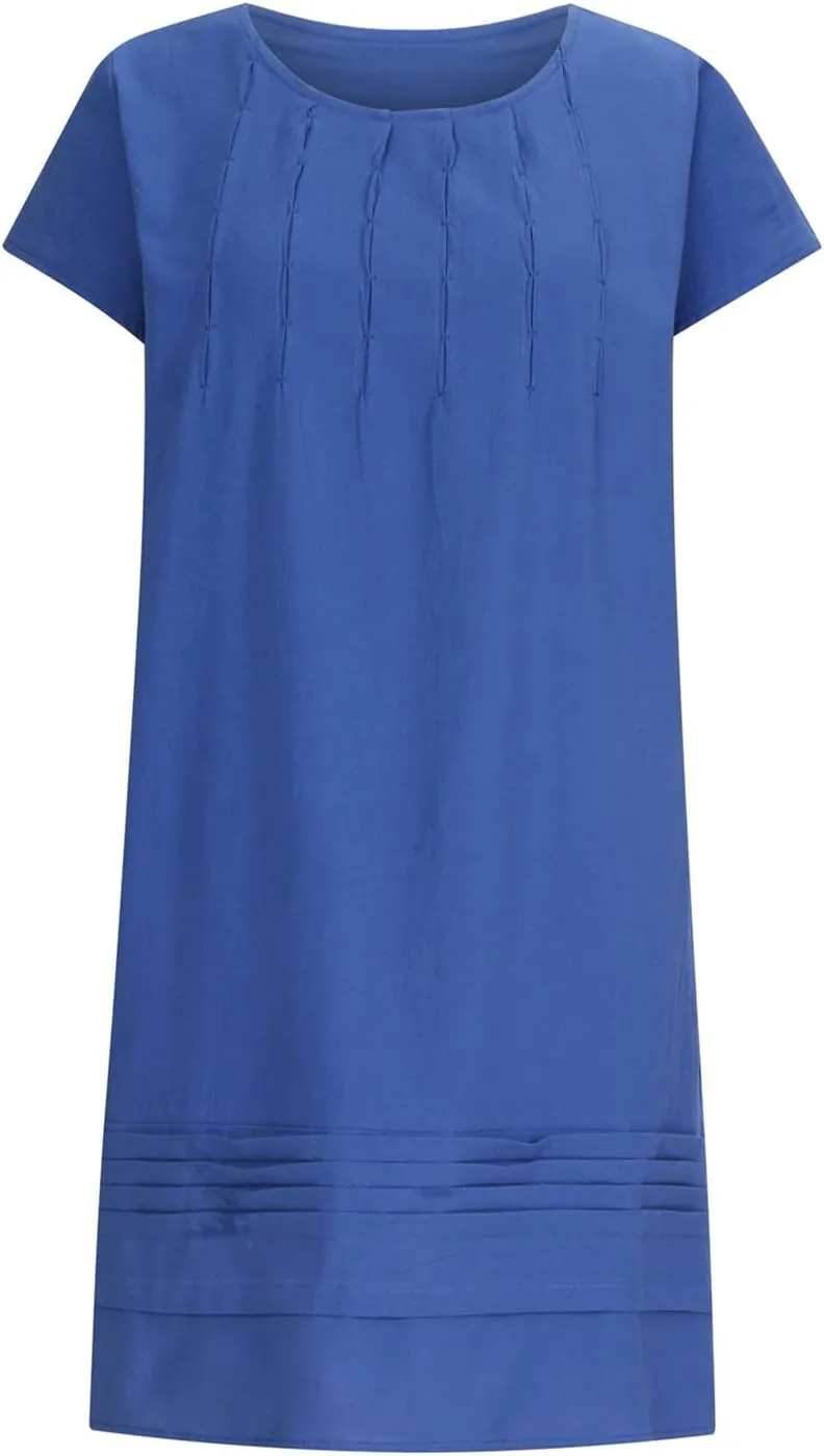 Womens Shirt Dress 2024 Cotton Linen Short Sleeve Crewneck Mini Dress Ruffle Slim Casual Summer Dress