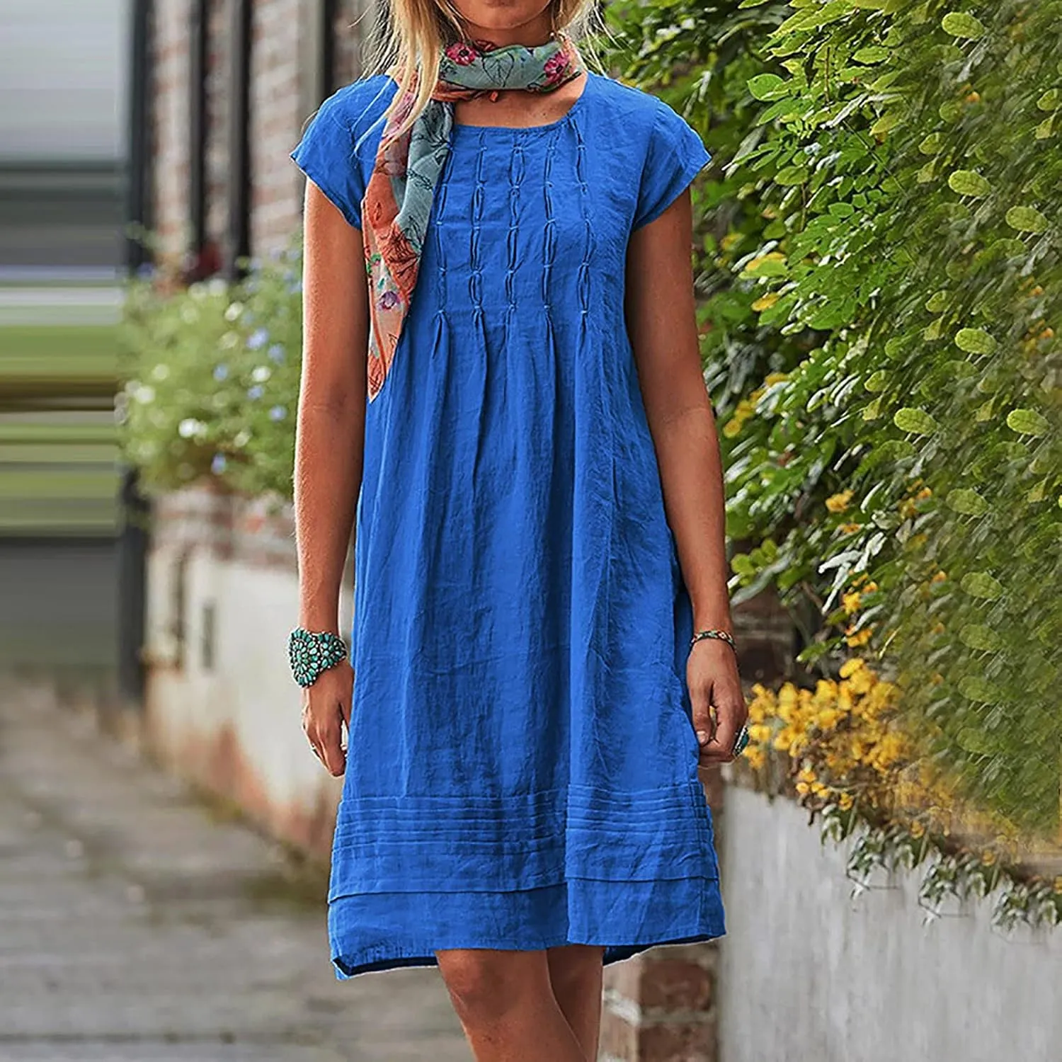 Womens Shirt Dress 2024 Cotton Linen Short Sleeve Crewneck Mini Dress Ruffle Slim Casual Summer Dress