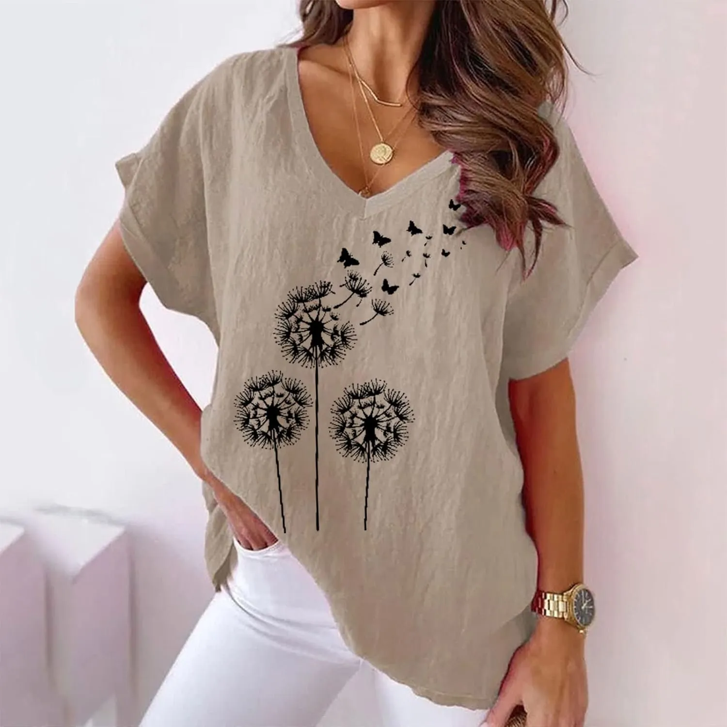 Women's Summer Cotton Linen Boho Floral Short Sleeve Tunic Top Casual Loose Comfy V Neck Blouse Shirt Plus Size