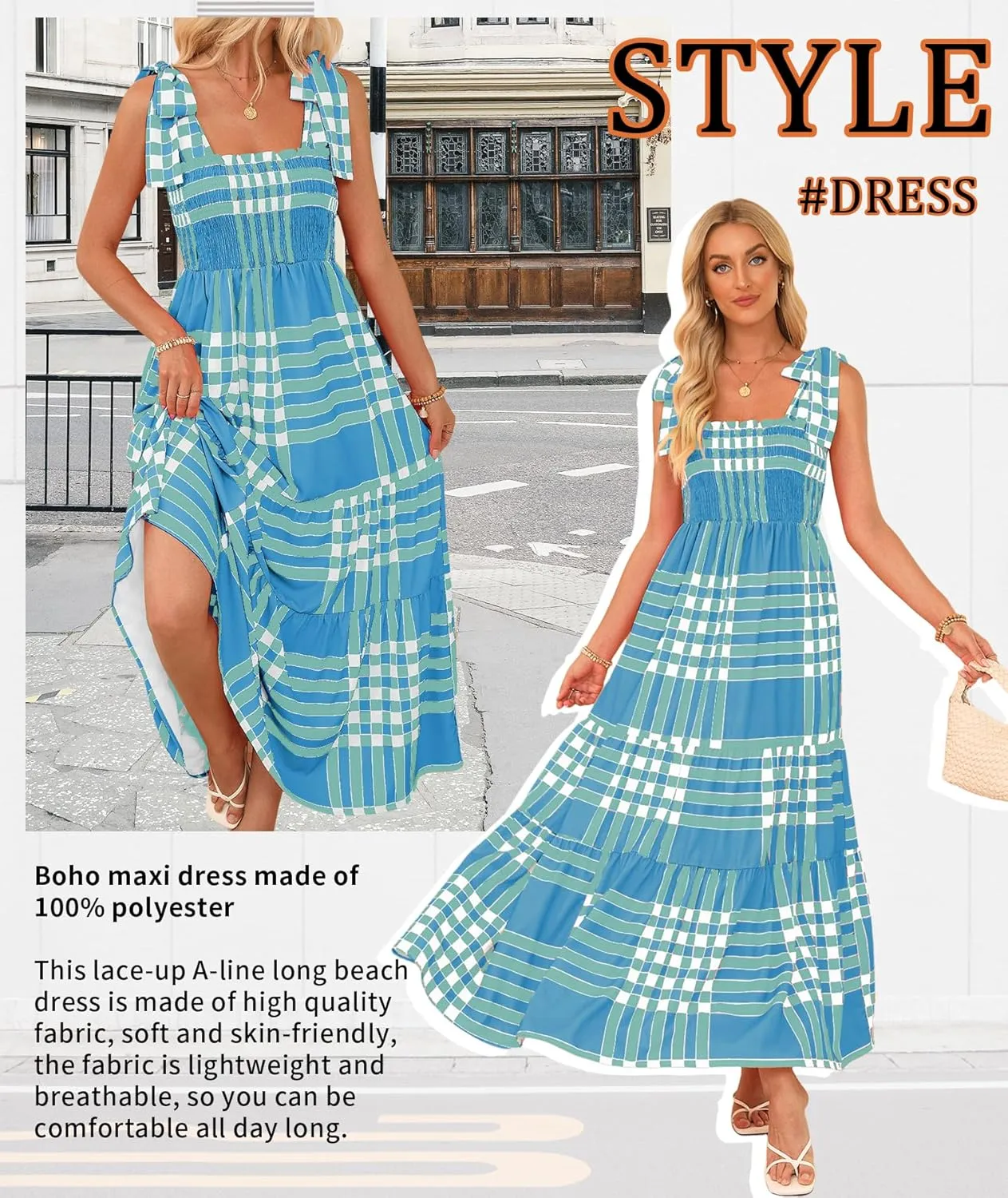 Women's Summer Maxi Dress Boho Spaghetti Straps Casual Long A-line Smocked Beach Dress Square Neck Flowy Sun Dress