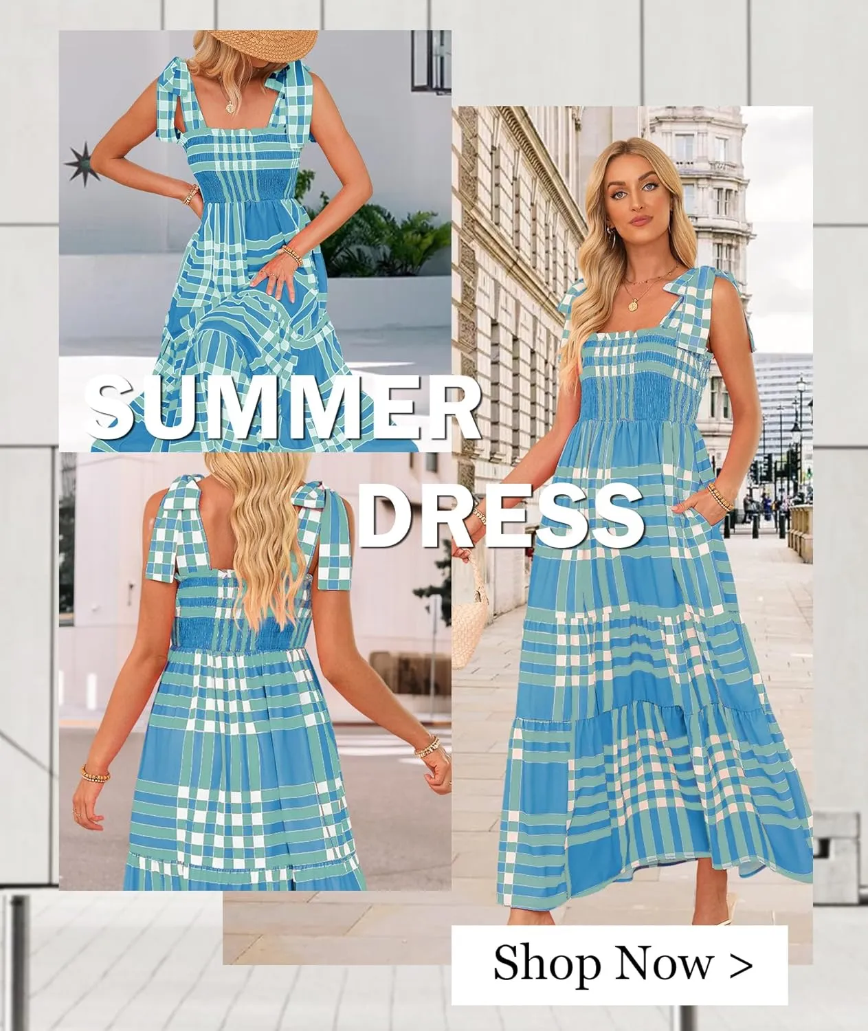 Women's Summer Maxi Dress Boho Spaghetti Straps Casual Long A-line Smocked Beach Dress Square Neck Flowy Sun Dress