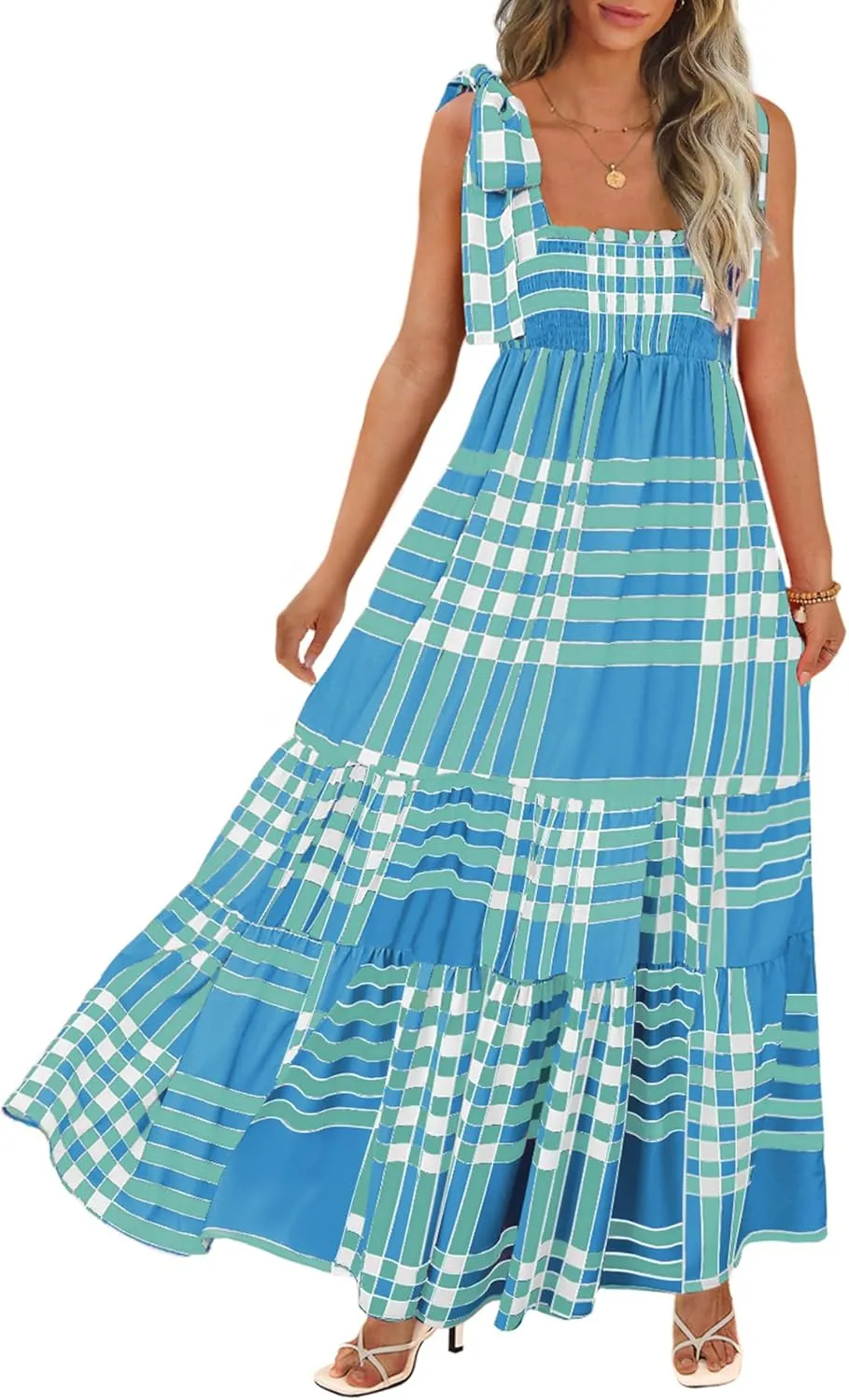 Women's Summer Maxi Dress Boho Spaghetti Straps Casual Long A-line Smocked Beach Dress Square Neck Flowy Sun Dress