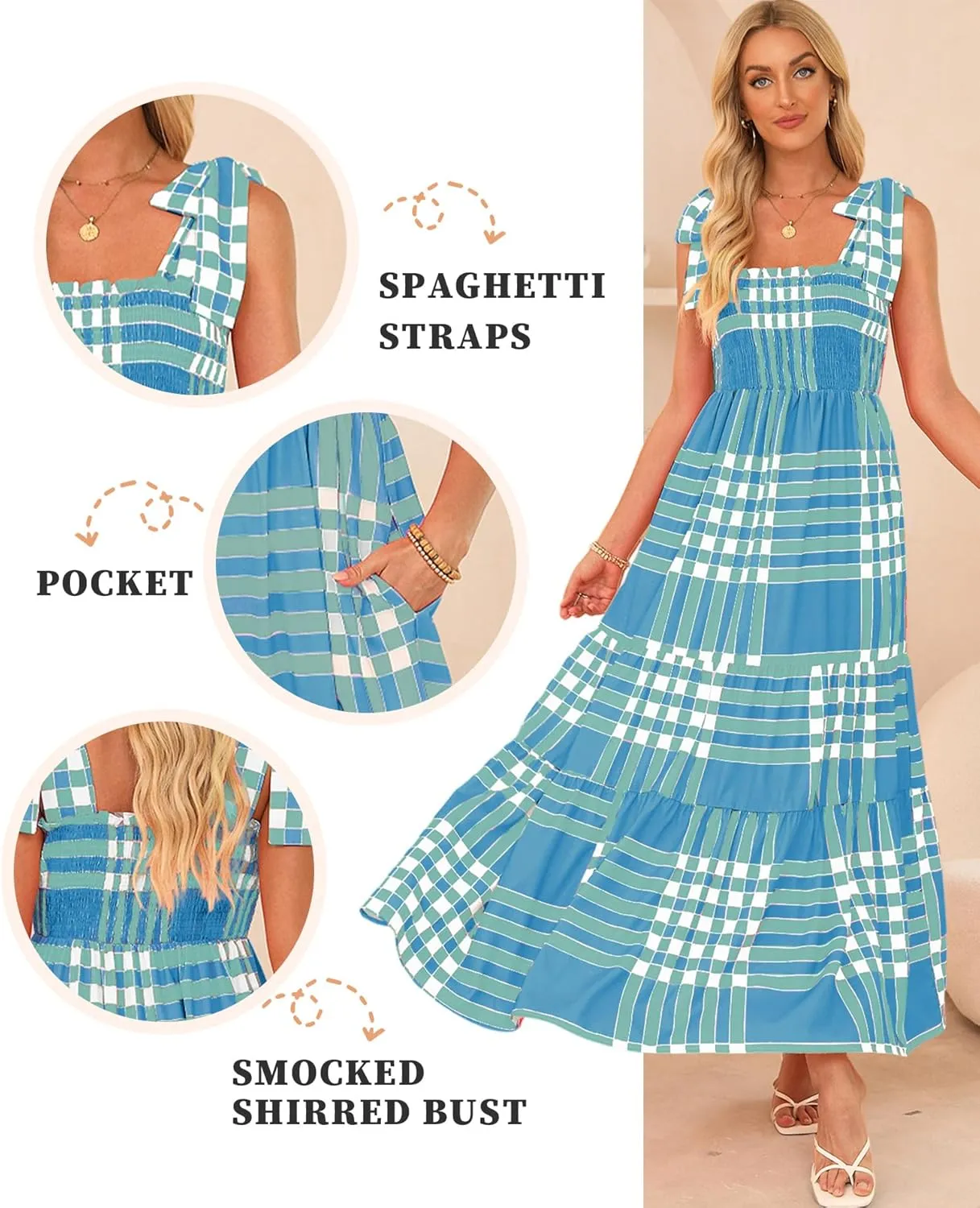 Women's Summer Maxi Dress Boho Spaghetti Straps Casual Long A-line Smocked Beach Dress Square Neck Flowy Sun Dress